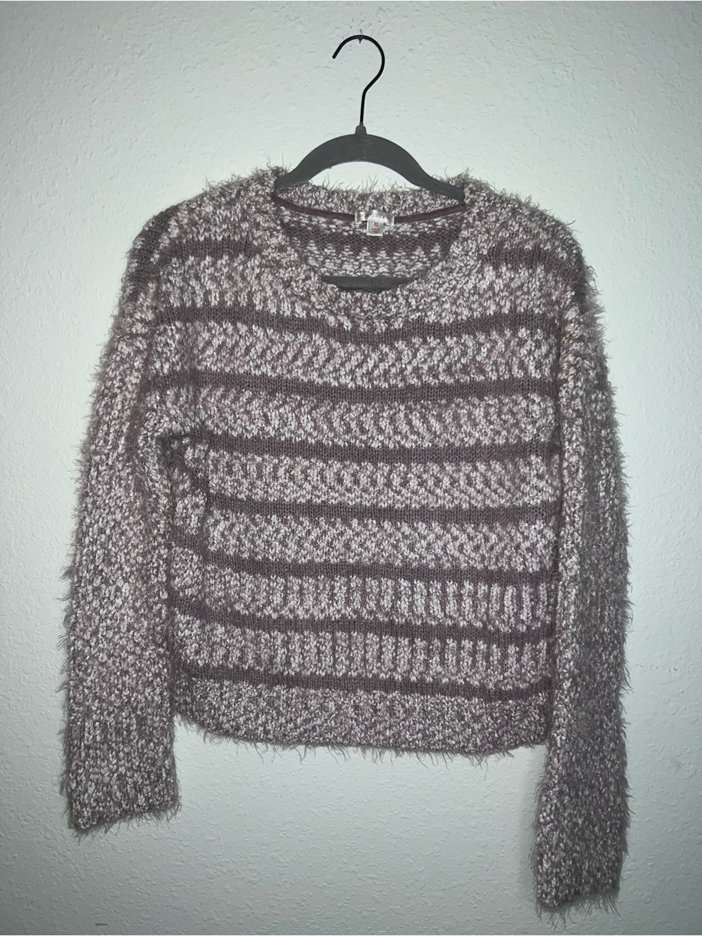 Xhilaration Fuzzy Striped Crewneck Sweater in Lavender and Light Gray